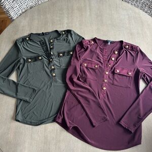 White House Black Market Green and burgundy Button- detail XS Shirts set